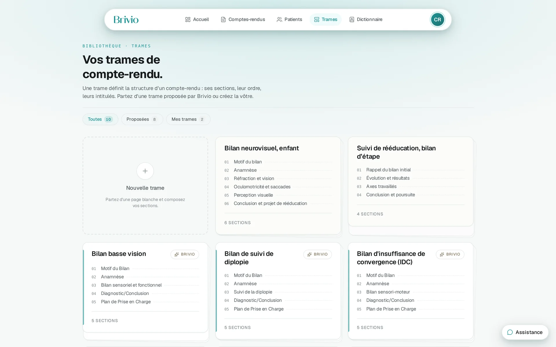 La bibliothèque de trames de bilan orthoptique, et les sections d'une trame personnalisée